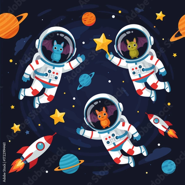 Fototapeta Cute bats in astronaut suits exploring space with planets and stars Fun adventure for kids