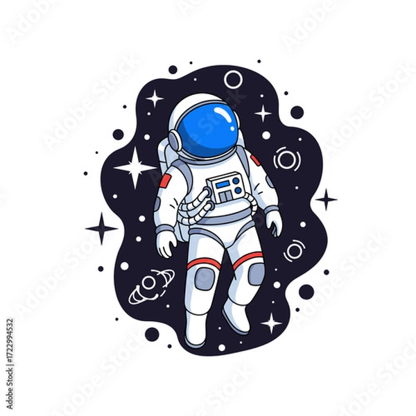 Fototapeta Cartoon astronaut floats in starry cosmic background Space exploration discovery dreams