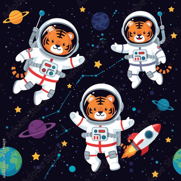 Fototapeta Joyful astronaut tigers exploring space with planets stars and a rocket Kids adventure