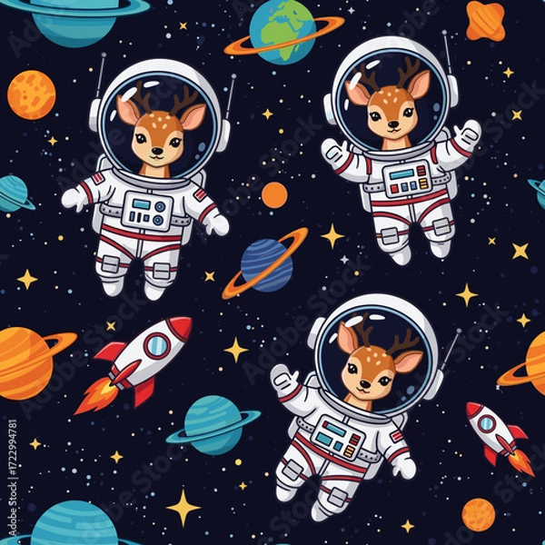Fototapeta Whimsical seamless pattern of cute deer astronauts rockets and planets in outer space