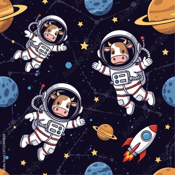 Fototapeta Whimsical cow astronauts float in a starry galaxy with planets and a rocket ship