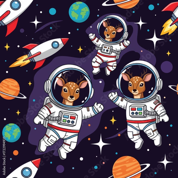 Fototapeta Cute deer astronauts explore outer space with planets and rockets Fun fantasy adventure