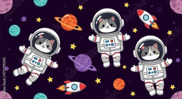 Fototapeta Cute cartoon astronaut cats exploring outer space with planets and rockets Fun design for kids