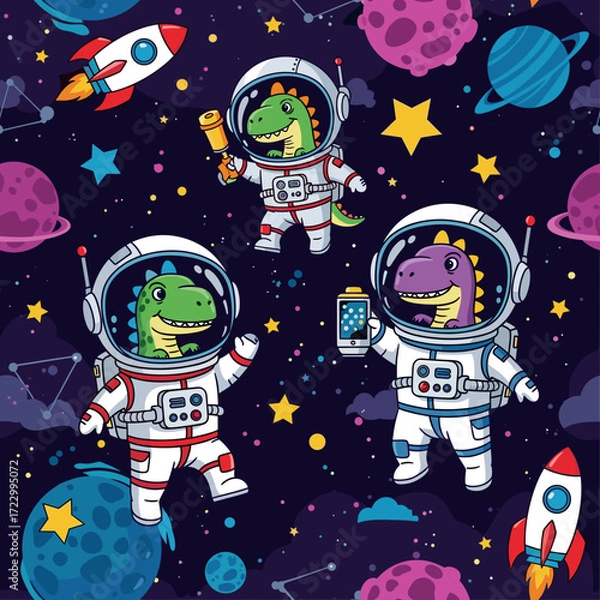 Fototapeta Cute dinosaur astronauts explore vibrant outer space with planets stars and rockets Fun adventure