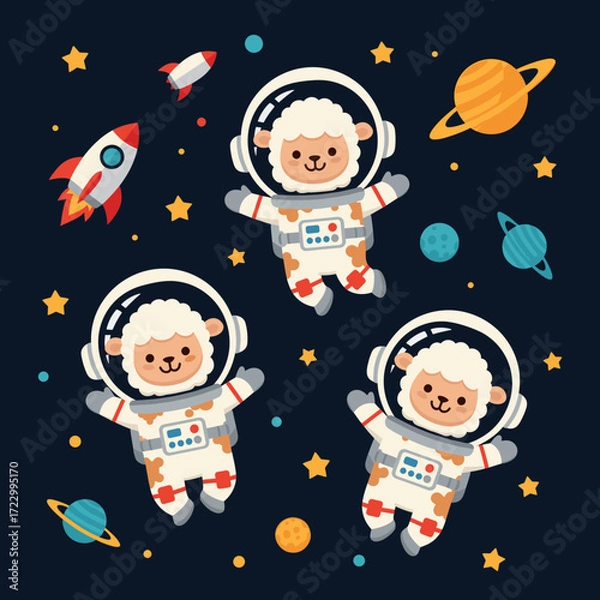 Fototapeta Cute sheep astronauts exploring outer space among planets stars and rockets a playful adventure