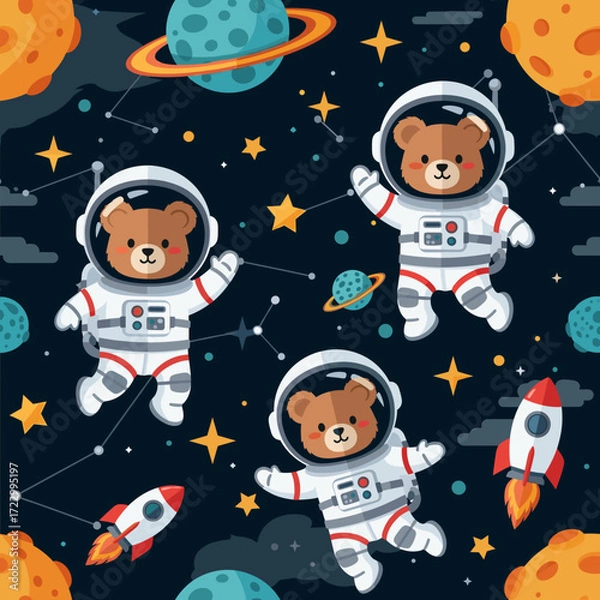 Fototapeta Adorable cartoon teddy bear astronauts exploring a whimsical starry outer space with planets and rockets