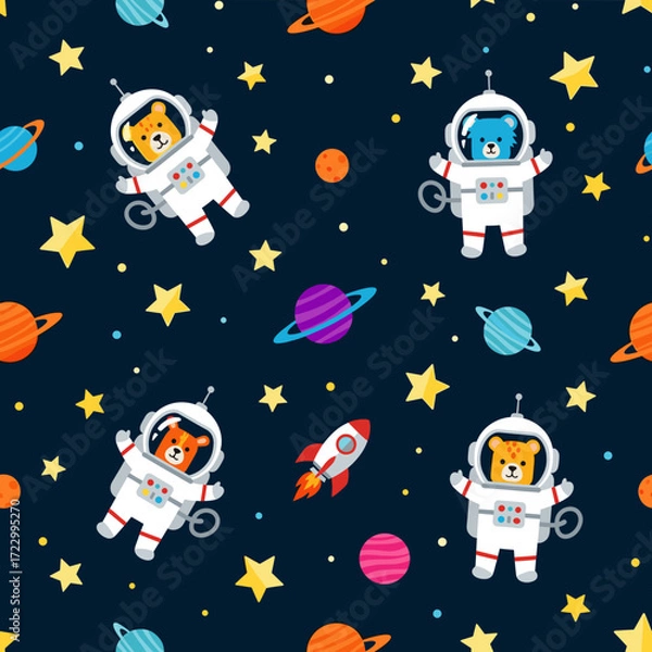 Fototapeta Cute cartoon bears in astronaut suits explore a vibrant galaxy with planets and stars Kids design