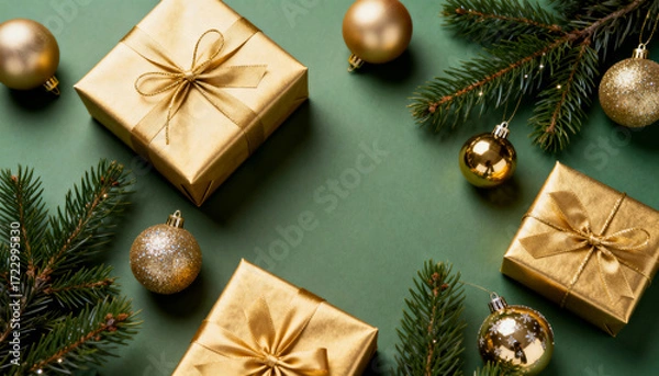 Fototapeta a christmas background with golden presents and fir branches on green