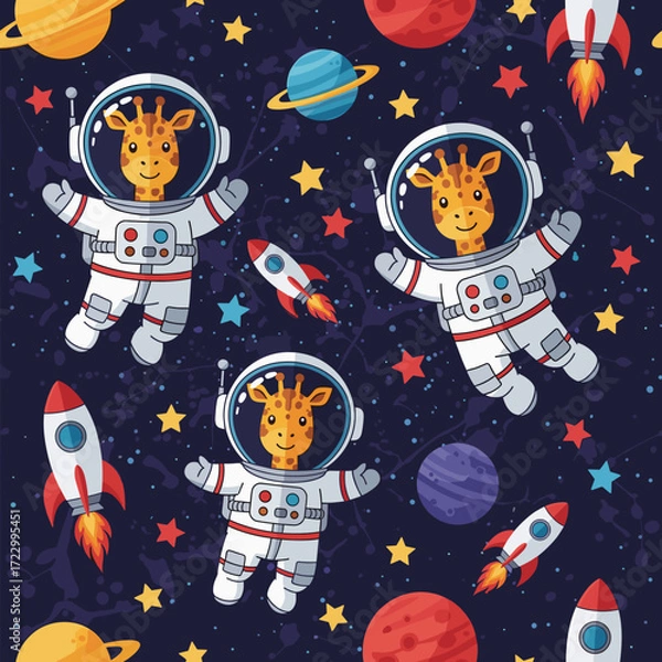 Fototapeta Cute giraffes in astronaut suits explore colorful outer space with rockets and planets Fun kids design