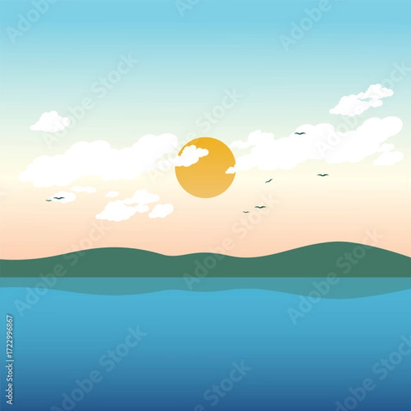 Fototapeta Nature landscape in the lake and hills. Clear blue sky with sun and clouds. A warm summer beach sunset background with wheat field and grass. Vector illustration