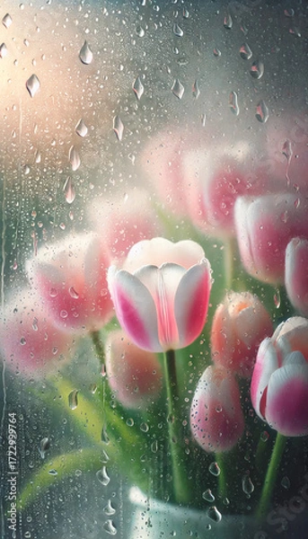 Obraz Fresh pink-white tulips with dew in soft morning light — macro floral background. Wedding invitations, greeting cards, packaging, cosmetics, spring branding, elegant feminine design.