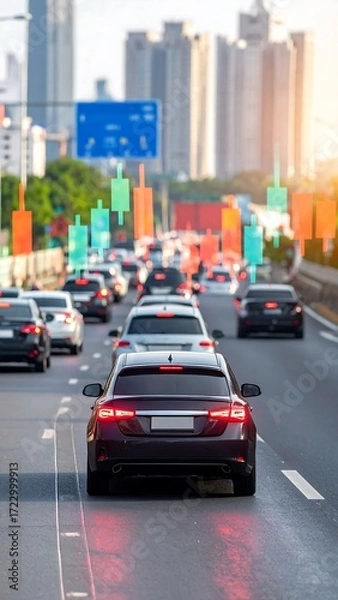 Fototapeta City highway traffic jam with stock market indicators