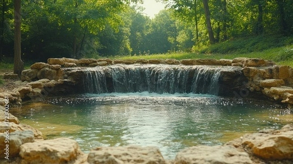 Fototapeta A Serene Waterfall Cascade in a Lush Green Forest Landscape Scene