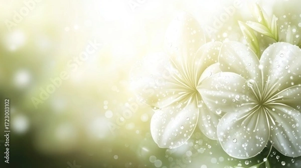 Fototapeta Elegant white plumeria flowers with water droplets creating a serene atmosphere