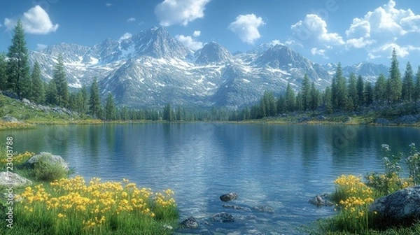 Fototapeta Tranquil mountain lake reflecting snow-capped peaks under a serene sky
