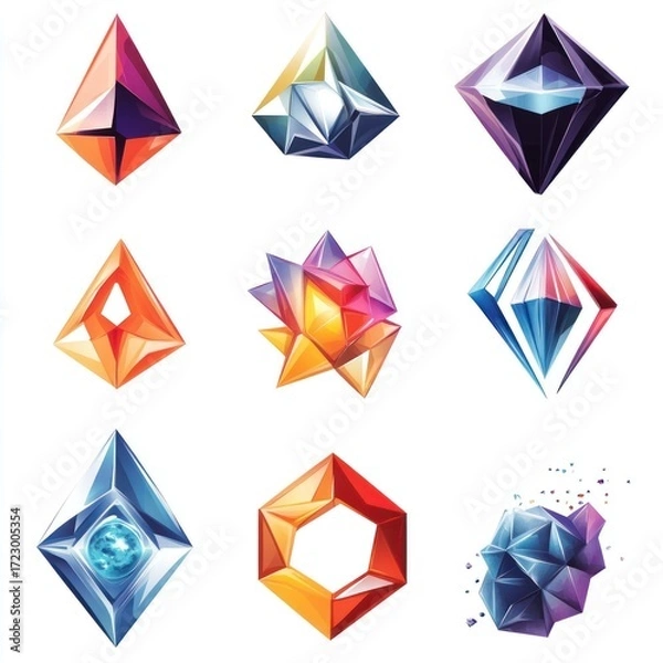 Fototapeta Collection of Abstract Gemstone Designs on White Background Showcase