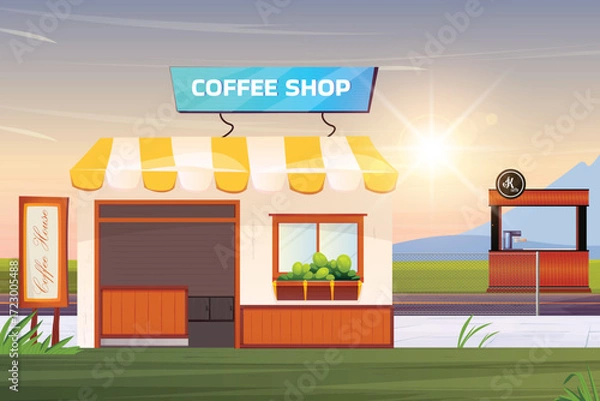Obraz Illustration of a coffee shop with a sign and a drink machine