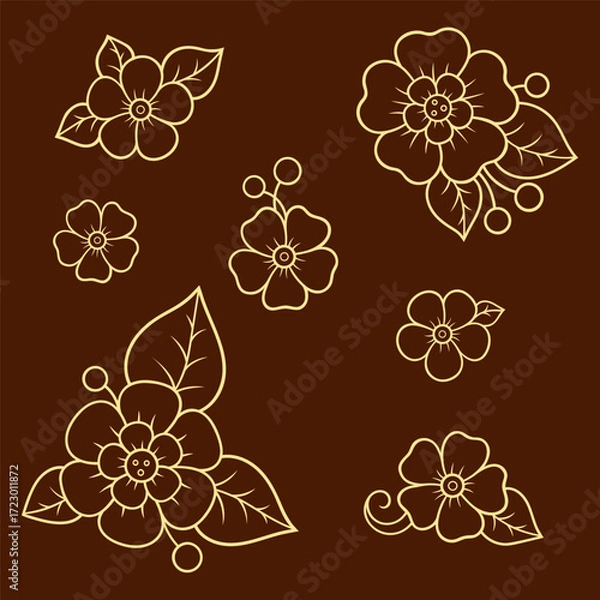 Fototapeta Set of Mehndi flower pattern for Henna drawing and tattoo. Decoration in ethnic oriental, Indian style. Doodle ornament. Outline hand draw vector illustration.