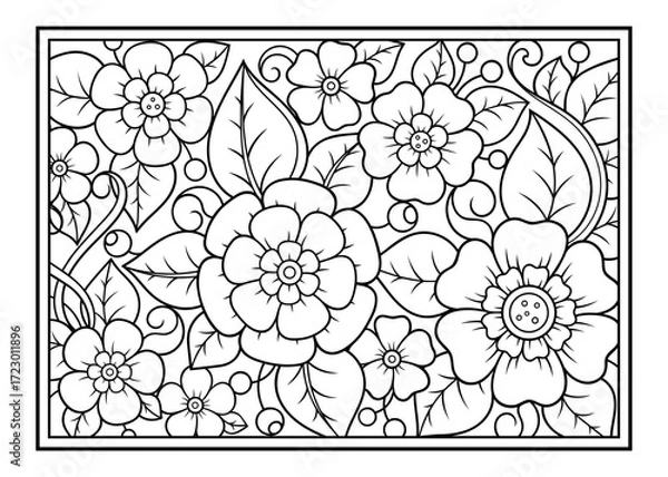 Fototapeta Outline floral pattern in mehndi style for coloring book page. Antistress for adults and children. Doodle ornament in black and white. Hand draw vector illustration.