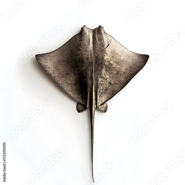 Fototapeta Realistic portrait of a stingray, top view, flat body with long tail, natural grayish-brown color, full body isolated on white background, highly detailed, high resolution, dynamic lighting, soft.
