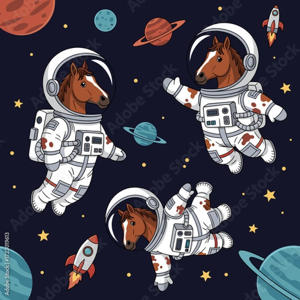 Fototapeta Whimsical cartoon horses in astronaut suits float in vibrant outer space with planets stars and rockets