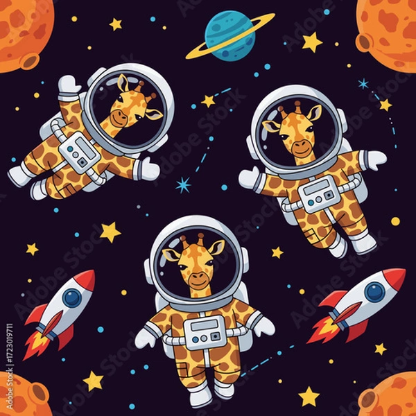 Fototapeta Adorable giraffe astronauts float through space with rockets and planets inspiring cosmic wonder and adventure