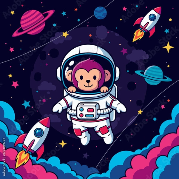 Fototapeta Cute monkey astronaut floating in vibrant space with planets and rockets Childhood exploration dream