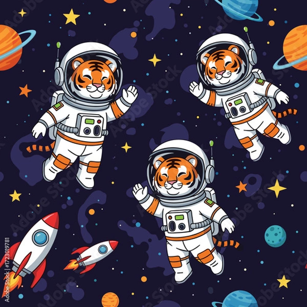 Fototapeta Joyful astronaut tigers explore outer space with rockets and planets Fun playful design for kids