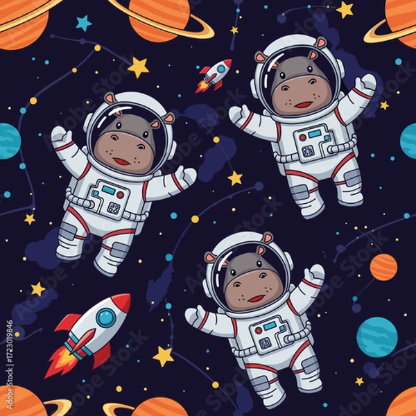 Fototapeta Adorable astronaut hippos explore space with planets and rockets Fun imaginative childrens design