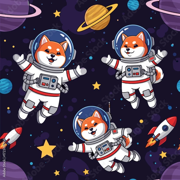 Fototapeta Happy Shiba Inu dog astronauts explore space with planets and rockets Fun cute adventurous