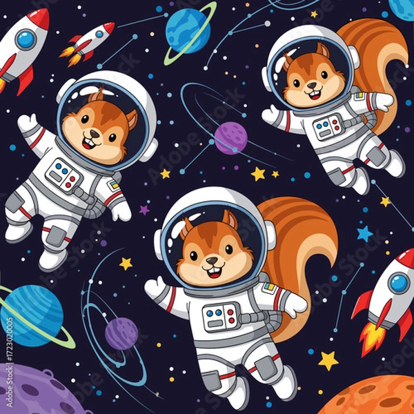 Fototapeta Cute squirrel astronauts explore colorful outer space with planets stars and rockets