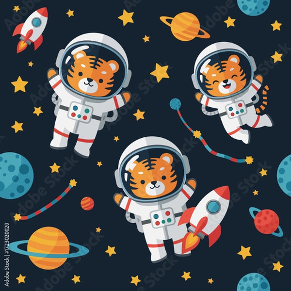 Obraz Cute tiger astronauts explore deep space among planets stars and rockets Fun childhood adventure