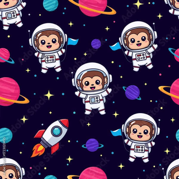 Fototapeta Cute cartoon astronaut monkeys exploring space with planets and stars Fun kids adventure pattern