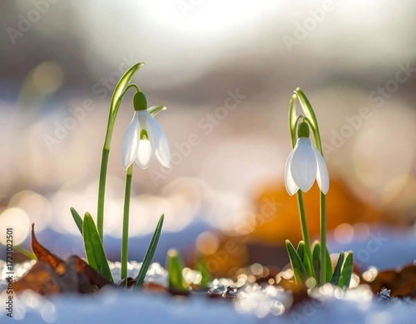 Fototapeta Snowdrop flowers emerging from winter snow