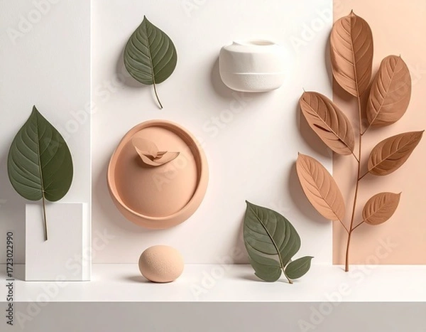 Fototapeta Minimalist still life with leaves and objects