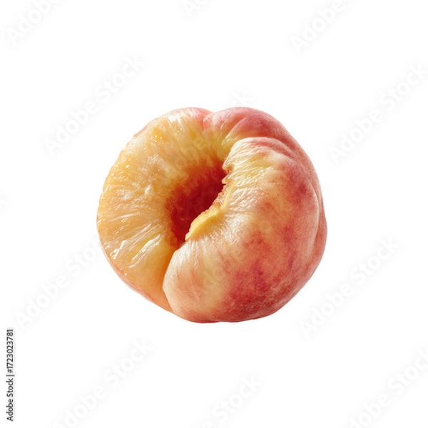 Fototapeta Close-up of a peach, cut in half, displaying a pale yellow flesh and pinkish-red skin.  The peach's flesh is slightly wrinkled