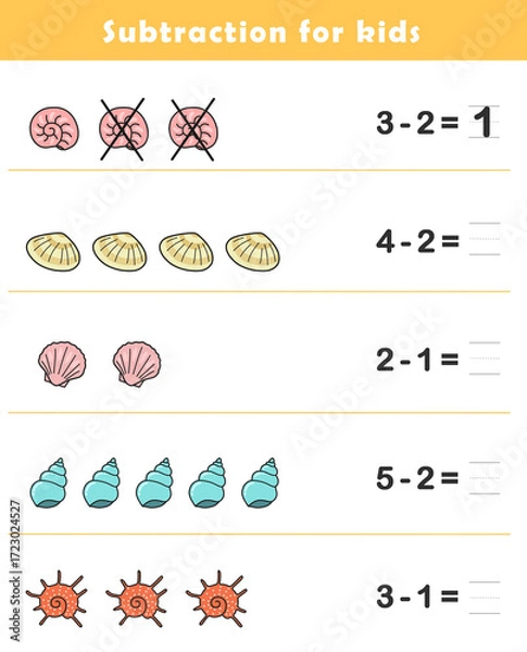 Fototapeta Subtraction Worksheet for Kids. Basic Subtraction Problems with Cute Shells Illustration. Fun Math Game.