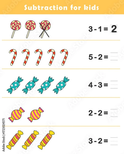Fototapeta Subtraction Worksheet for Kids. Basic Subtraction Problems with Cute Candy Illustration. Fun Math Game.