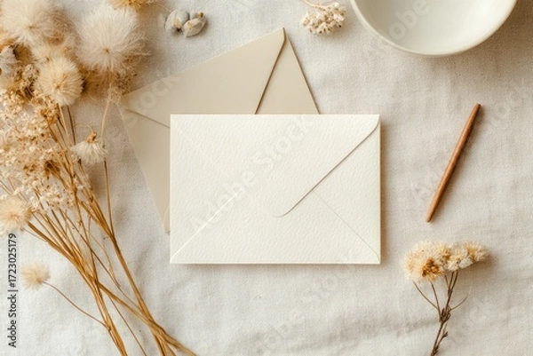 Obraz Blank envelope, beige and cream colored, amongst dried pampas grass and other nature elements on a light linen surface