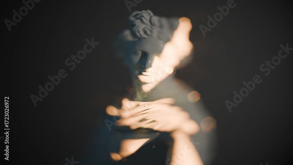 Fototapeta Antique sculpture of Apollo, soft focus effect, 3d model of classical sculpture. A golden ray of sunlight on the face, golden particles in the air, a mythical atmosphere