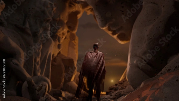Fototapeta A traveler in a raincoat walks in a deserted canyon surrounded by giant sculptures of ancient gods, man and gods, allegory. 3d rendering