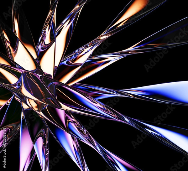 Fototapeta Floral pattern of neon glass spiral lines on black background. Abstract vibrant flower with radiant gradient, caustic and reflection light. Bright transparent stripes, circular effect. 3D illustration