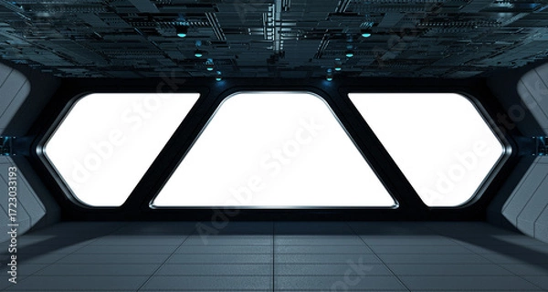 Fototapeta Black spaceship interior with isolated cut out transparent window. Futuristic dark starship with glowing lights