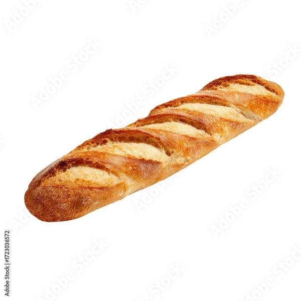 Fototapeta Long, golden-brown baguette, slightly angled, with visible,  parallel cuts