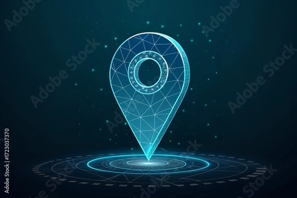 Fototapeta Futuristic low poly digital map pin hologram glowing with technology and network connections abstract concept