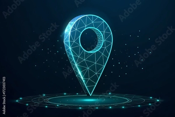Fototapeta Futuristic low poly digital map pin hologram glowing with technology and network connections abstract concept