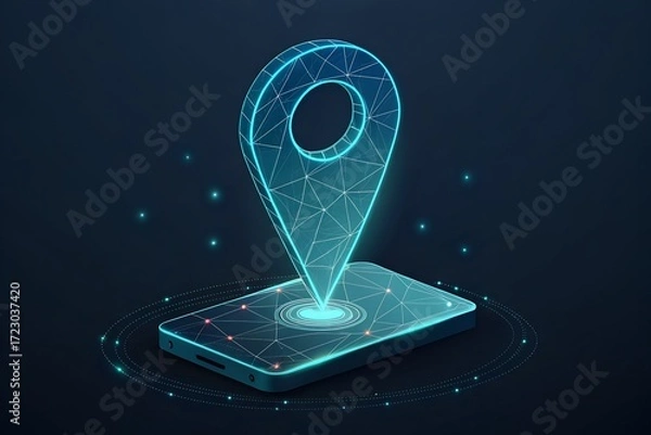 Fototapeta Futuristic low poly digital map pin hologram glowing with technology and network connections abstract concept
