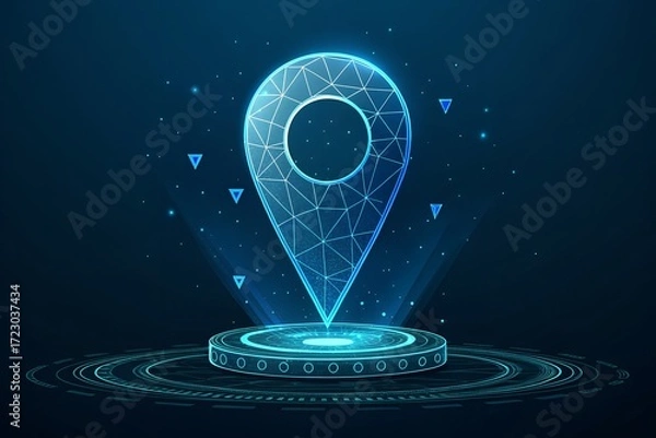 Fototapeta Futuristic low poly digital map pin hologram glowing with technology and network connections abstract concept