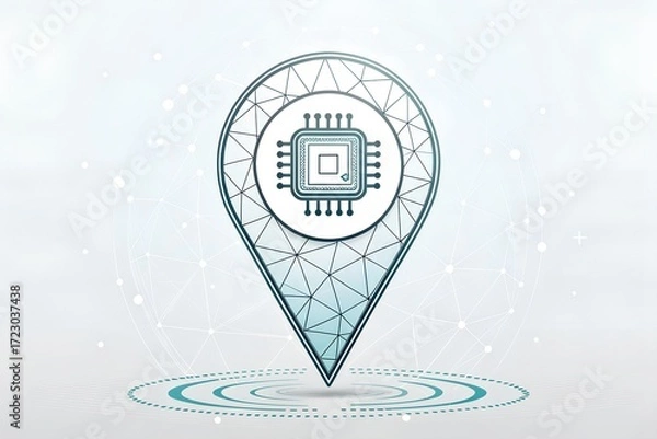 Fototapeta Futuristic low poly digital map pin hologram glowing with technology and network connections abstract concept