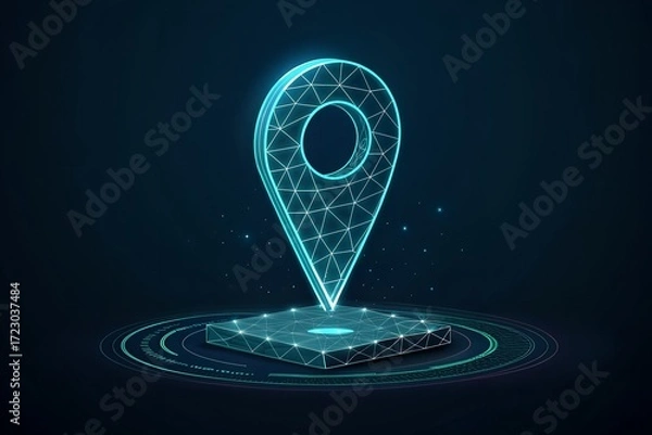 Fototapeta Futuristic low poly digital map pin hologram glowing with technology and network connections abstract concept